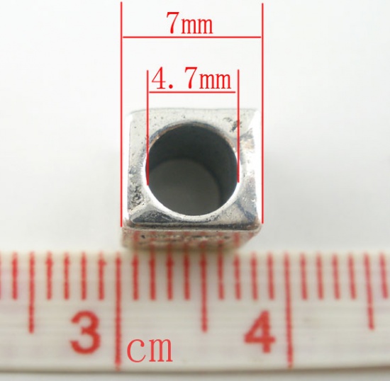 Picture of Zinc Metal Alloy European Style Large Hole Charm Beads Cube Antique Silver Letter Mixed Carved About 7mm( 2/8") x 7mm( 2/8"), Hole: Approx 4.7mm, 260 PCs