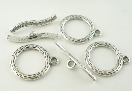 Picture of Zinc Based Alloy Toggle Clasps Round Antique Silver Color Spot Carved 22mm x 19mm 26mm x 5mm, 20 Sets