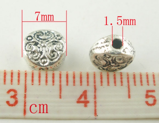 Picture of Zinc Based Alloy Spacer Beads Flat Round Antique Silver Color Carved About 7mm Dia, Hole:Approx 1.5mm, 100 PCs