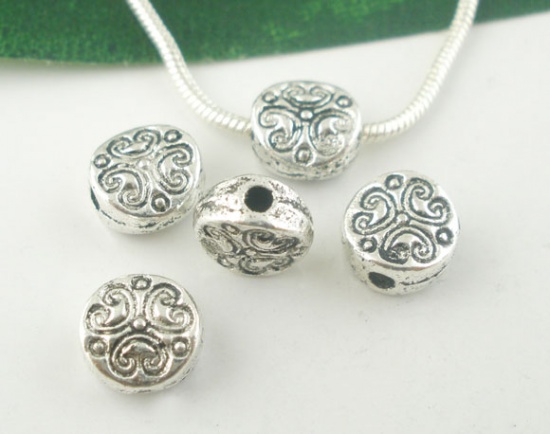 Picture of Zinc Based Alloy Spacer Beads Flat Round Antique Silver Color Carved About 7mm Dia, Hole:Approx 1.5mm, 100 PCs