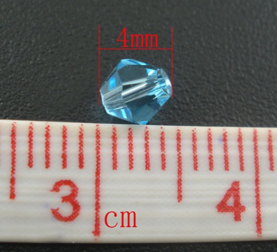 クリスタルガラスビーズ 双円錐形 ターコイズ色 透明 ファセット・カット 約 4mm x 4mm、 穴：約 0.8mm、 400 個 の画像