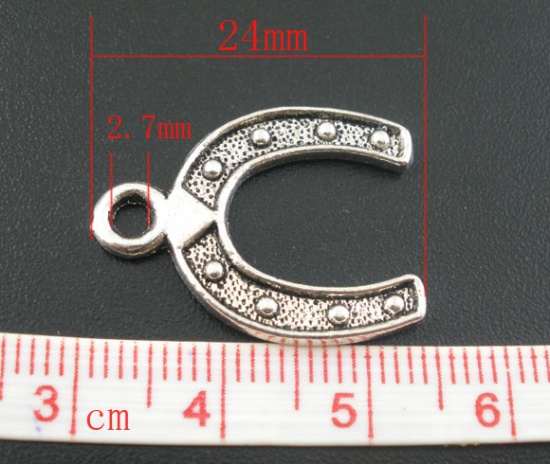 Picture of Charm Pendants Luck Horseshoe Antique Silver Color 24mm x18mm(1" x 6/8"), 30 PCs