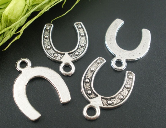 Picture of Charm Pendants Luck Horseshoe Antique Silver Color 24mm x18mm(1" x 6/8"), 30 PCs