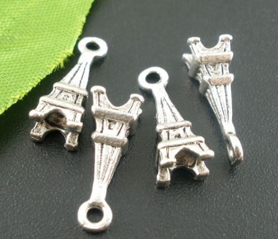 Picture of Zinc Metal Alloy 3D Charm Pendants Eiffel Tower Antique Silver Color 18mm( 6/8") x 6mm( 2/8"), 30 PCs