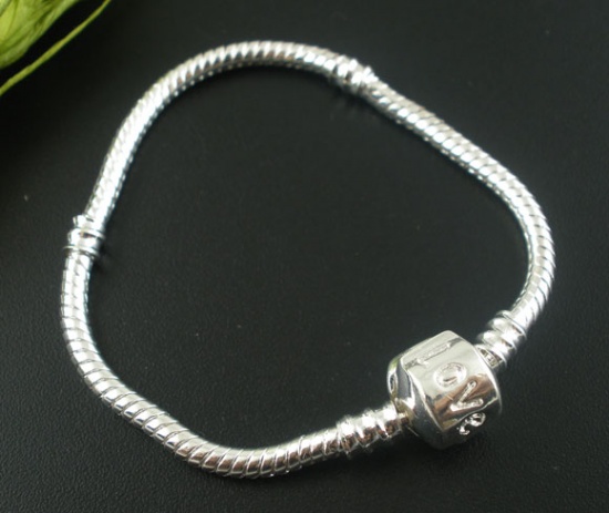 Picture of Copper European Style Snake Chain Charm Bracelets Silver Plated W/ "Love" Carved Stopper Clip 16cm long, 4 PCs