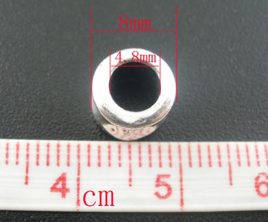 Picture of Zinc Metal Alloy European Style Large Hole Charm Beads Cylinder Antique Silver 8x6mm, 50 PCs