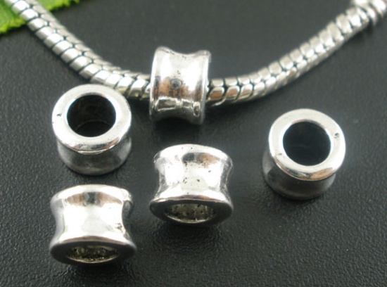 Picture of Zinc Metal Alloy European Style Large Hole Charm Beads Cylinder Antique Silver 8x6mm, 50 PCs