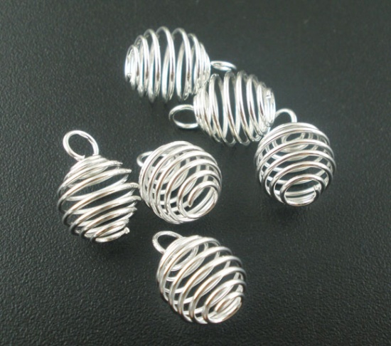 Picture of Silver Plated Spiral Bead Cages Pendants Findings (Fit Bead Size:8mm Dia.) 12mm x9mm, 100 PCs