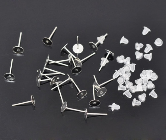 Picture of Alloy Ear Post Stud Earrings Findings Round Silver Tone 2mm( 4/8") x 6mm( 2/8"), Post/ Wire Size: (21 gauge), 500 PCs