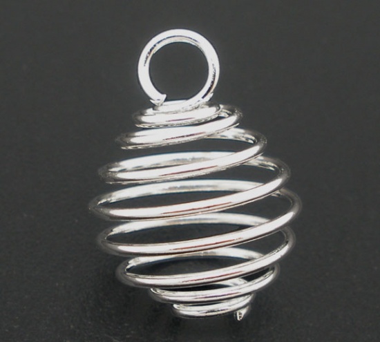 Picture of Iron Based Alloy Spiral Bead Cages Pendants Lantern Silver Plated 17mm x 14mm, 50 PCs