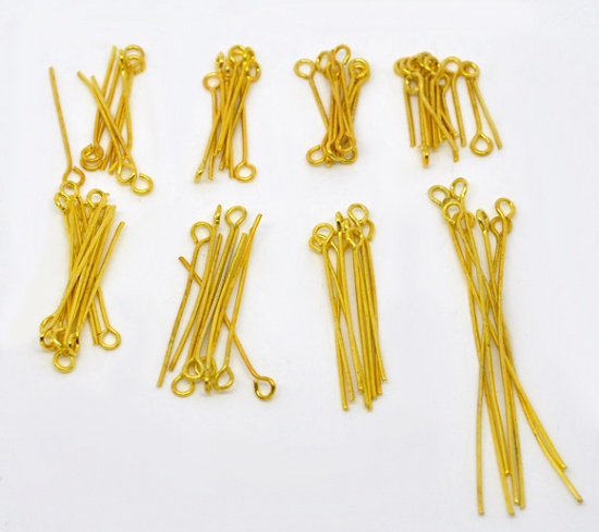 Picture of Iron Based Alloy Eye Pins Gold Plated Mixed 5cm(2") long - 1.6cm( 5/8") long, 0.7mm(21 gauge), 800 PCs