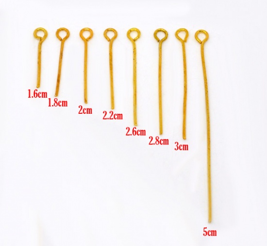 Picture of Iron Based Alloy Eye Pins Gold Plated Mixed 5cm(2") long - 1.6cm( 5/8") long, 0.7mm(21 gauge), 800 PCs