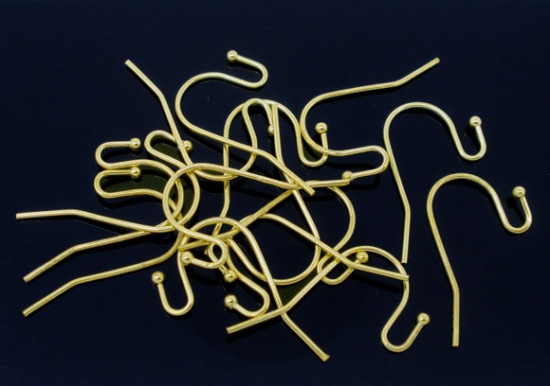 Picture of Brass Ear Wire Hooks Earring Findings Gold Plated Ball 21mm( 7/8") x 12mm( 4/8"), Post/ Wire Size: (21 gauge), 200 PCs                                                                                                                                        