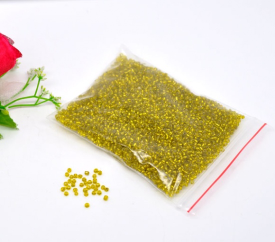 Picture of 10/0 Glass Seed Beads Round Rocailles Yellow Silver Lined About 2mm Dia, Hole: Approx 0.5mm, 100 Grams