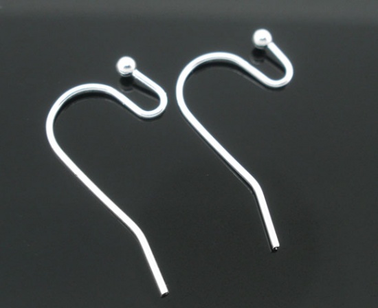 Picture of Brass Ear Wire Hooks Earring Findings Silver Plated Ball 21mm( 7/8") x 12mm( 4/8"), Post/ Wire Size: (21 gauge), 200 PCs                                                                                                                                      