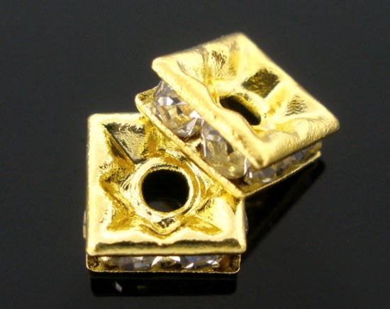 Imagen de Cuentas Espaciador Arandela Latón Cuadrado,Chapado en oro Claro Rhinestone 6mm x 6mm, Agujero: acerca de 1.7mm, 20 Unidades                                                                                                                                   