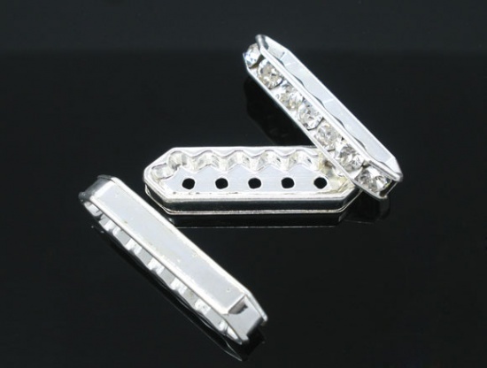 Picture of Zinc Metal Alloy & Rhinestone Spacer Beads Rectangle Silver Plated White Rhinestone Rhinestone About 27mm x 7.5mm, Hole: Approx 1.3mm, 10 PCs