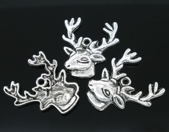 Immagine di Lega di Zinco Charm Ciondoli Argento Antico Cevo di Natale Disegno 25.0mm x 22.0mm, 30 Pz