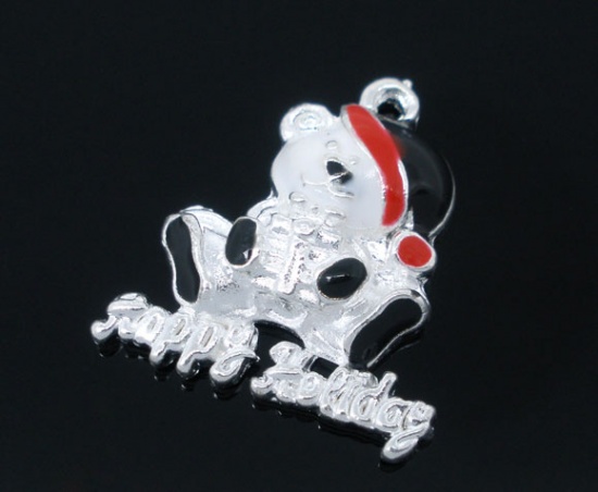 Picture of 10 PCs Silver Plated Enamel "Happy Holiday" Teddy Bear Christmas Charm Pendants 20x18mm