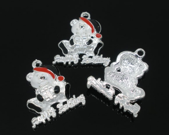 Picture of 10 PCs Silver Plated Enamel "Happy Holiday" Teddy Bear Christmas Charm Pendants 20x18mm