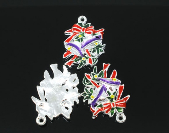 Picture of 10 PCs Silver Plated Enamel Christmas Jingle Bell Charms Pendants 25x18mm