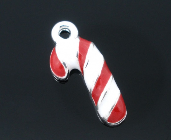 Picture of 20 PCs Silver Plated Enamel Christmas Candy Cane Charms Pendants 19x8mm
