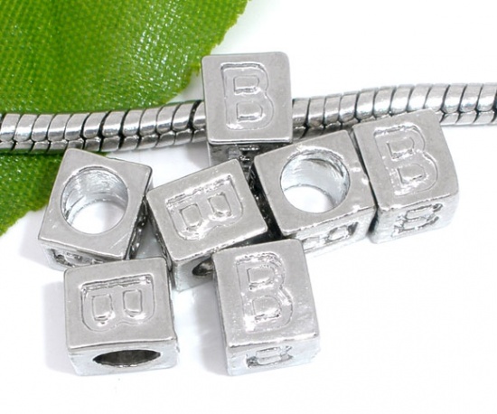 Picture of Zinc Metal Alloy European Style Large Hole Charm Beads Cube Silver Tone Alphabet/Letter "B" Carved 7x6mm, 30 PCs