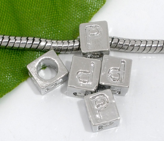 Picture of Zinc Metal Alloy European Style Large Hole Charm Beads Cube Silver Tone Alphabet/Letter "P" Carved 7x6mm, 30 PCs