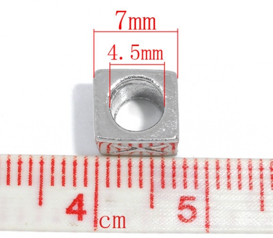 Immagine di Lega di Zinco Stile Europeo Perline Cubo Tono Argento X Intagliato Circa 7.0mm x 6.0mm, Foro: Circa 4.5mm, 30 Pz
