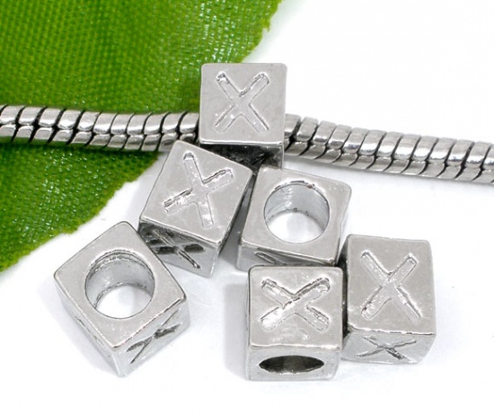 Picture of Zinc Metal Alloy European Style Large Hole Charm Beads Cube Silver Tone Alphabet/Letter "X" Carved 7x6mm, 30 PCs