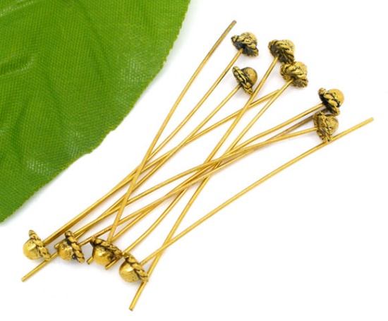 Picture of Brass Head Pins Gold Tone Antique Gold 5.5cm(2 1/8") long, 0.7mm 30 PCs                                                                                                                                                                                       