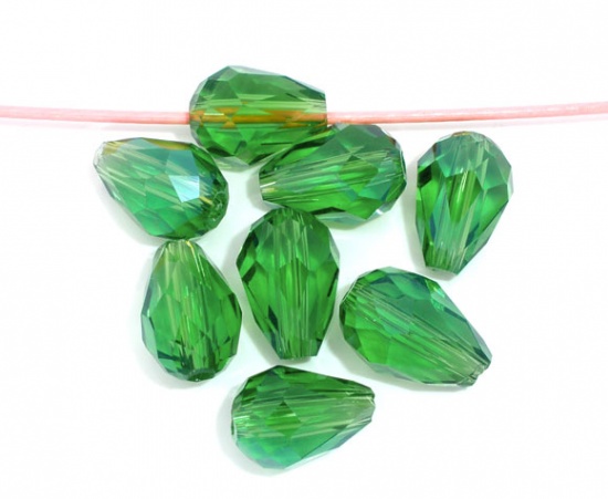 Picture of Crystal Glass Loose Beads Teardrop Green Transparent Faceted About 11mm x 8mm, Hole: Approx 1mm, 50 PCs