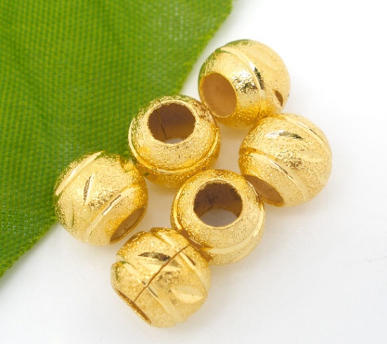 Picture of Brass Spacer Beads Ball Gold Plated Carved Sparkledust About 8mm( 3/8") Dia, Hole: Approx 3.8mm, 50 PCs