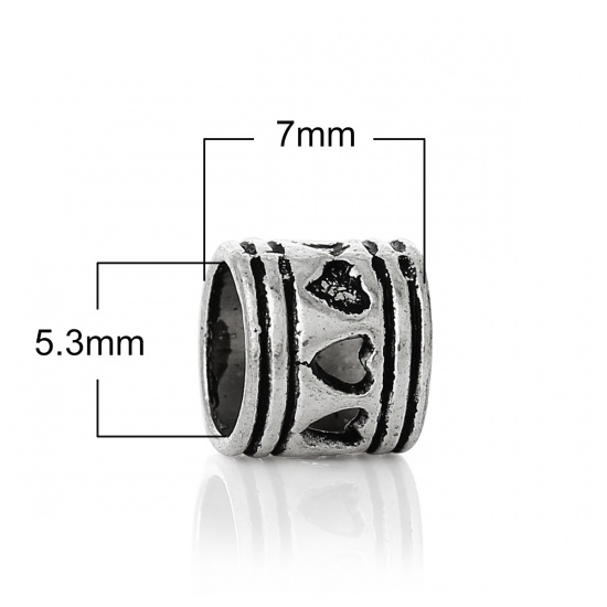Picture of Zinc Based Alloy European Style Large Hole Charm Beads Cylinder Antique Silver Heart Carved About 7mm x 7mm, Hole: Approx 5.3mm, 50 PCs