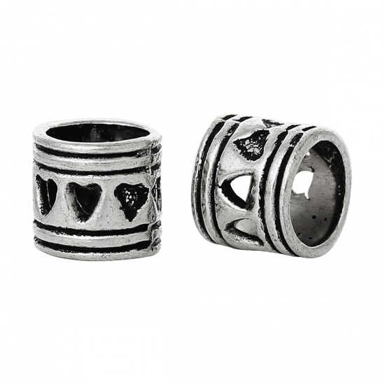 Picture of Zinc Based Alloy European Style Large Hole Charm Beads Cylinder Antique Silver Heart Carved About 7mm x 7mm, Hole: Approx 5.3mm, 50 PCs