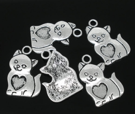 Image de 40 Pendentifs Charms Chat Coeur 22x14mm