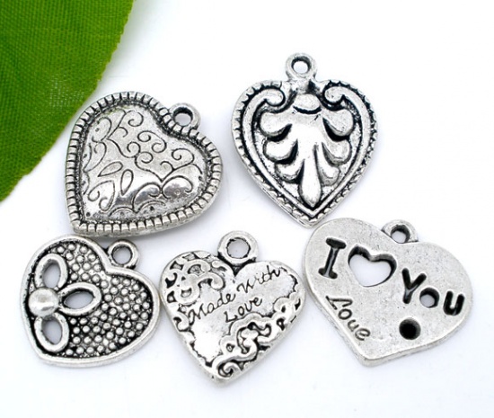 Picture of 20 PCs Mixed Antique Silver Color Valentine Heart Charms Pendants