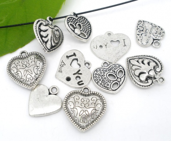 Picture of 20 PCs Mixed Antique Silver Color Valentine Heart Charms Pendants