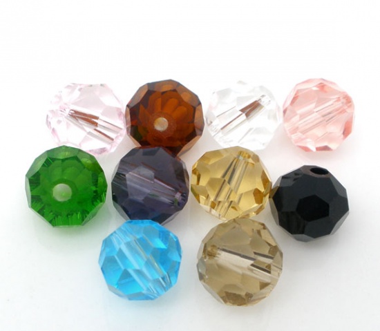 クリスタルガラスビーズ ボール 混合色 透明 ファセット・カット 約 8mm直径、 穴：約 1.1mm、 50 個 の画像