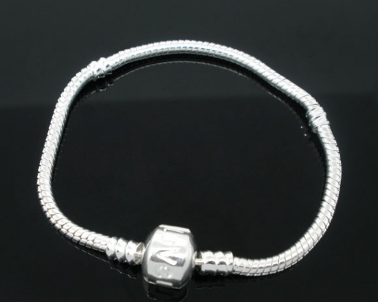 Picture of Copper European Style Snake Chain Charm Bracelets Silver Plated W/ "Love" Carved Stopper Clip 15cm long, 4 PCs