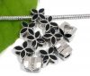 Picture of Zinc Metal Alloy European Style Large Hole Charm Beads Four Petals Flower Silver Tone Black Enamel About 13mm x 10mm, Hole: Approx 5.2mm, 10 PCs