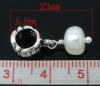 Immagine di Perla + Lega Stile Europeo Charm Dangle PerlineTondo Piatto Argento Placcato 23.0mm x 8.0mm, 10 Pz