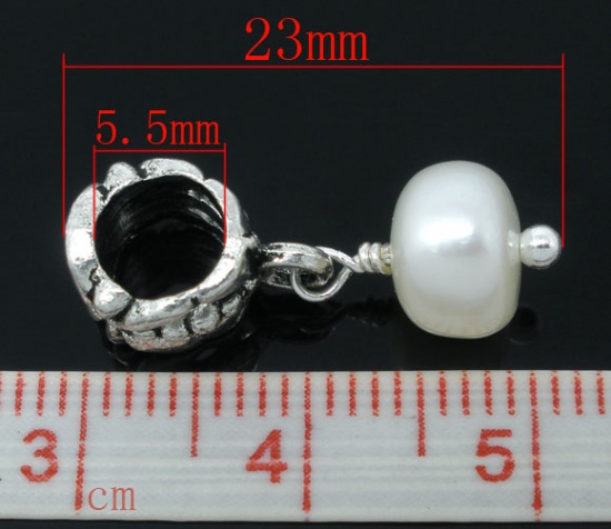 Picture of European Style Large Hole Charm Dangle Beads Flat Round Silver Plated Milk White 23mm x 8mm, 10 PCs