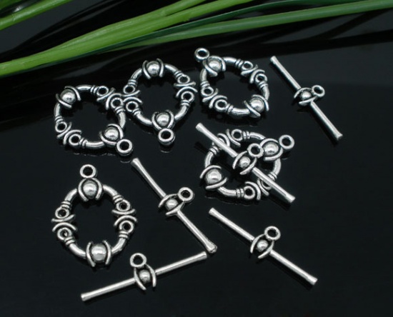 Picture of Zinc Based Alloy Toggle Clasps Oval Antique Silver Color Pattern 21mm x 17mm 25mm x 8mm, 25 Sets