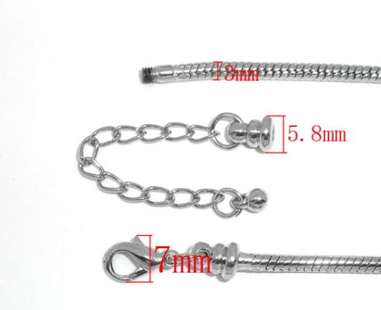 Picture of Copper European Style Snake Chain Charm Bracelets Silver Tone W/ Lobster Claw Clasp And Extender Chain 18cm long, 4 PCs