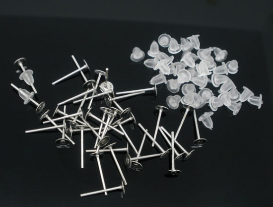 Immagine di 300 Pairs Silver Tone Earring Post W/ Stoppers 12x4mm