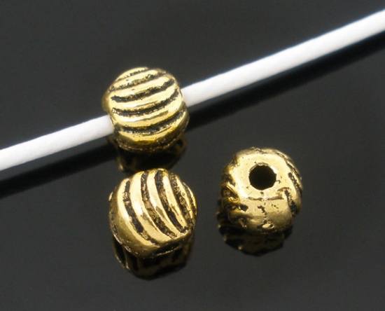 Picture of Zinc Based Alloy Spacer Beads Ball Gold Tone Antique Gold Stripe Carved About 5mm Dia, Hole:Approx 1mm, 200 PCs