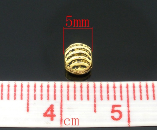 Picture of Zinc Based Alloy Spacer Beads Ball Gold Tone Antique Gold Stripe Carved About 5mm Dia, Hole:Approx 1mm, 200 PCs