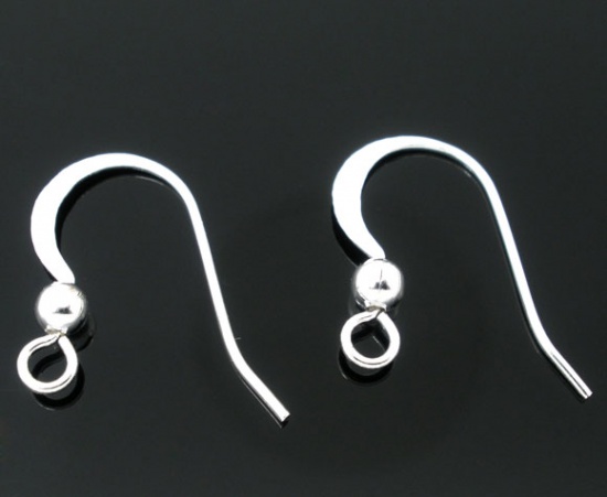 Picture of Brass Ear Wire Hooks Earring Findings Silver Plated 17mm( 5/8") x 18mm( 6/8"), Post/ Wire Size: (21 gauge), 200 PCs                                                                                                                                           