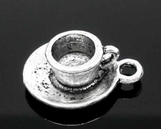 Picture of Zinc Based Alloy Charms Coffee/ Tea Cup Mug Tableware Antique Silver Color 19mm( 6/8") x 15mm( 5/8"), 20 PCs